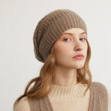 Ribbed Cashmere Slouchy Beanie Hat Cashmere Warm Stacked Hat Taupe M