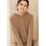 Womens Cashmere Pullover Hoodie Ribbed Trim Long Sleeve Cashmere Hoody Taupe XS