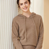 Womens Cashmere Pullover Hoodie Ribbed Trim Long Sleeve Cashmere Hoody Taupe XS