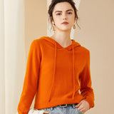 Womens Cashmere Pullover Hoodie Ribbed Trim Long Sleeve Cashmere Hoody Orange XS