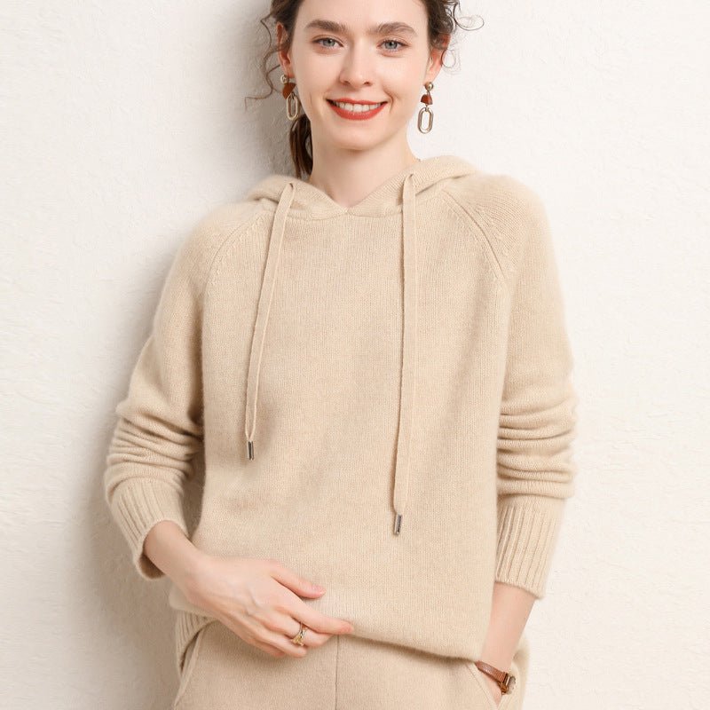 Womens Raglan Sleeve Pure Cashmere Hoodie With Ribbed Cuffs Hoody Beige XS