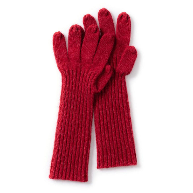 Womens Cashmere Knit Gloves Ribbed Cashmere Gloves with Long Cuffs Claret M