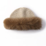 Womens Cashmere Knit Hat with Real FurTrim Cashmere Bucket Hat Brown M
