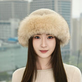 Womens Cashmere Knit Hat with Real FurTrim Cashmere Bucket Hat Beige M