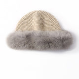 Womens Cashmere Knit Hat with Real FurTrim Cashmere Bucket Hat Gray M