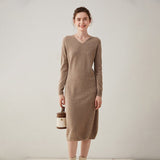 Womens Cashmere Knit Midi Dress Long Sleeve V Neck Cashmere Dress Taupe XS