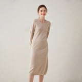 Womens Cashmere Knit Midi Dress Long Sleeve V Neck Cashmere Dress Beige XS