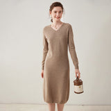Womens Cashmere Knit Midi Dress Long Sleeve V Neck Cashmere Dress Taupe XS