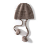 Womens Cashmere Knit Pom - Pom Hat with Ties Cute Cashmere Cap Beige M