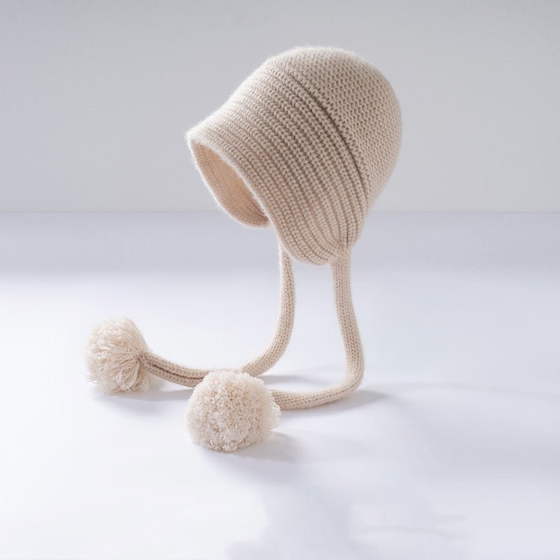 Womens Cashmere Knit Pom - Pom Hat with Ties Cute Cashmere Cap Beige M