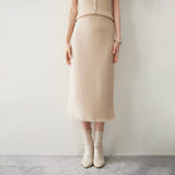 Womens Cashmere Knit Midi Skirt High Waist Frayed Hem Cashmere Dresses Beige XS