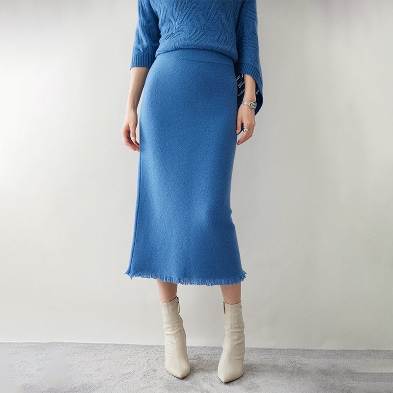 Womens Cashmere Knit Midi Skirt High Waist Frayed Hem Cashmere Dresses Blue XS