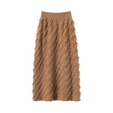 Womens Cashmere Textured Midi Skirt High Waist Fringe Cashmere Dress Camel XS
