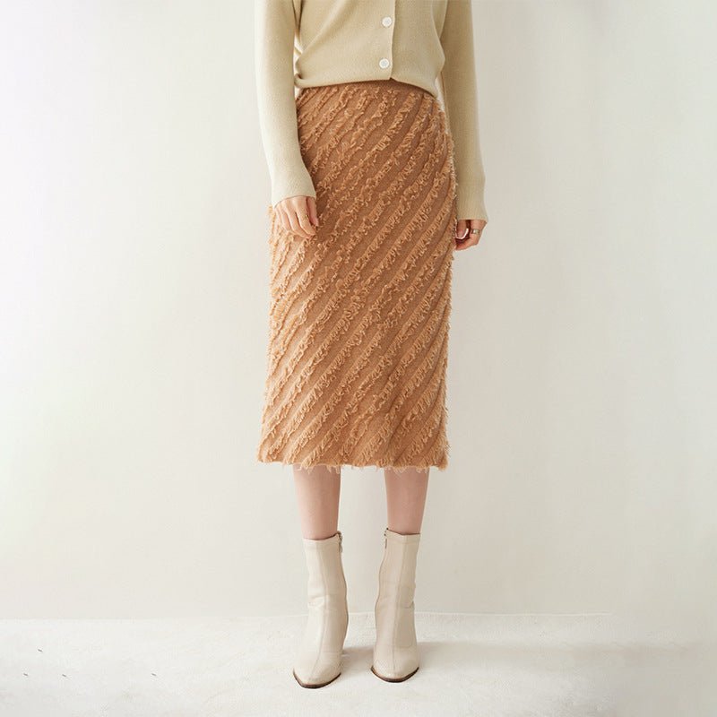 Womens Cashmere Textured Midi Skirt High Waist Fringe Cashmere Dress Camel XS