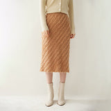 Womens Cashmere Textured Midi Skirt High Waist Fringe Cashmere Dress Camel XS