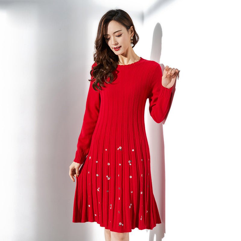 Womens Cashmere Ribbed Knit Dress Crewneck Embellished Pleated Dress Red XS