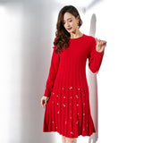 Womens Cashmere Ribbed Knit Dress Crewneck Embellished Pleated Dress Red XS