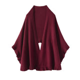 Womens Cashmere Ruffle - edge Cape Shawl And Wraps Flounce Edge Cloak Claret L