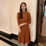 Womens Cashmere Sweater Dress Long Sleeve Ribbed Waist Cashmere Midi Dress Caramel XS