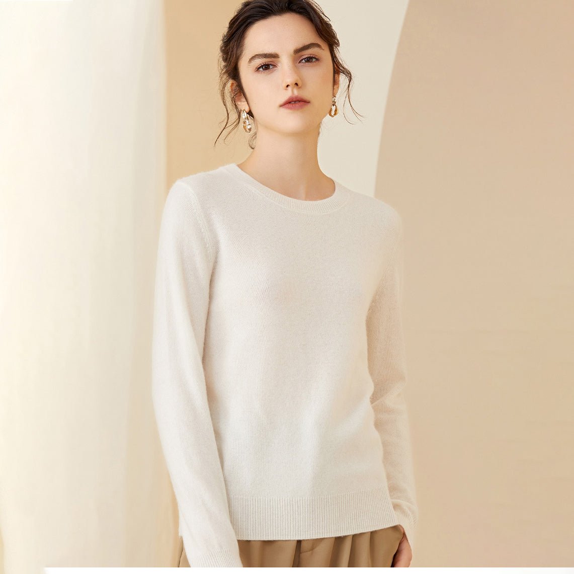 Womens Cashmere Crew Neck Sweater Long Sleeves Pullover Cashmere Tops White XS