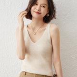 Womens Cashmere Tank Top V Necked Collar Casual Cashmere Tops Beige XS