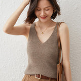 Womens Cashmere Tank Top V Necked Collar Casual Cashmere Tops Taupe XS