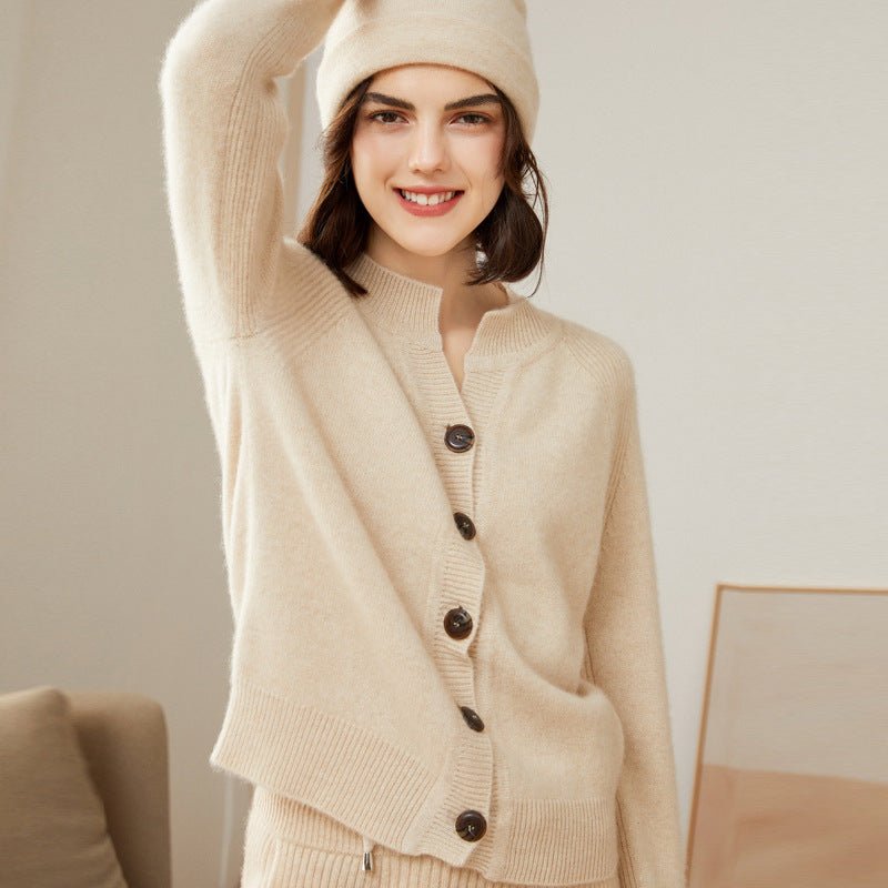 Womens Crew Neck Button Up Cashmere Cardigan With Ribbed Trim Beige XS
