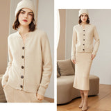Womens Crew Neck Button Up Cashmere Cardigan With Ribbed Trim Beige XS