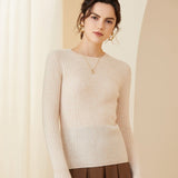 Womens Crew Neck Cashmere Rib Knit Sweater Fitted Cashmere Pullover Beige XS