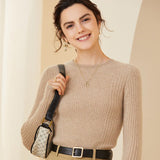Womens Crew Neck Cashmere Rib Knit Sweater Fitted Cashmere Pullover Camel XS