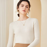 Womens Crew Neck Cashmere Rib Knit Sweater Fitted Cashmere Pullover Ivory XS