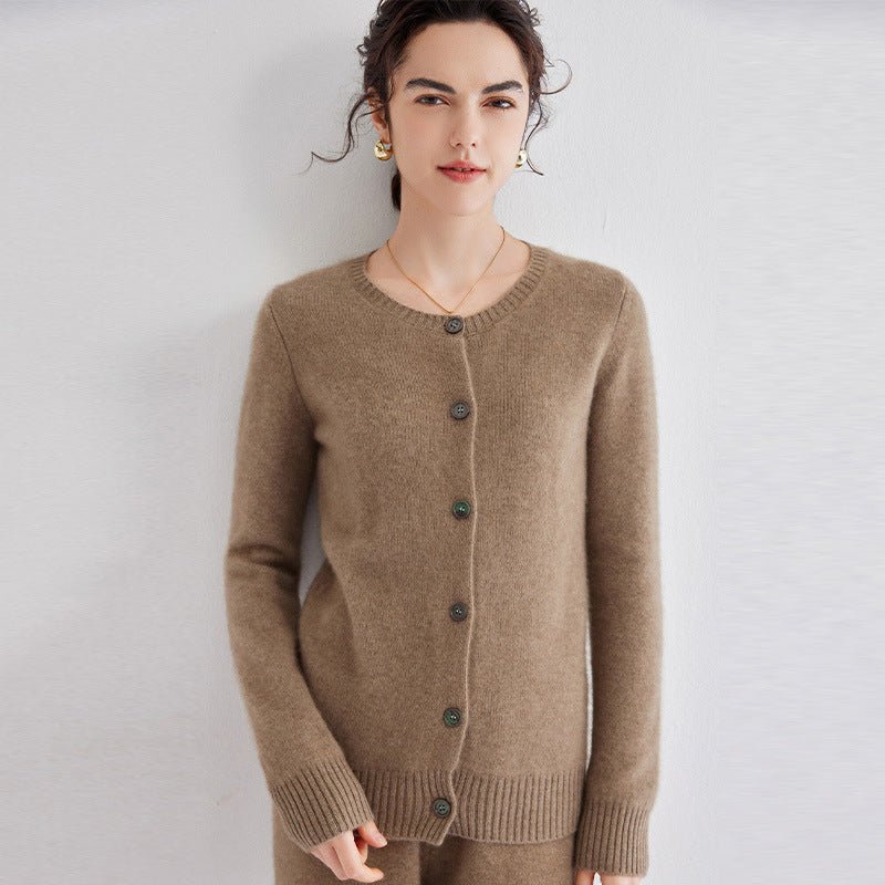 Womens Crew Neck Cashmere Cardigan Button Down Cashmere Sweater Coat Taupe XS