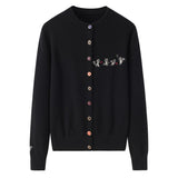 Womens Embroidered Cashmere Cardigan Colorful Button Crew Neck Coat Gray XS