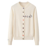 Womens Embroidered Cashmere Cardigan Colorful Button Crew Neck Coat Ivory XS