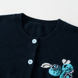 Womens Embroidered Fruit Motif Button Cashmere Cardigan Crew Neck Coat Black XS