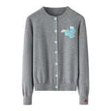 Womens Embroidered Fruit Motif Button Cashmere Cardigan Crew Neck Coat Gray XS