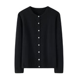 Womens Classic Crew Neck Button - Up Cashmere Cardigan Cashmere Coat Black S