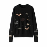 Womens Crew Neck Woodland Animal Intarsia Cashmere Sweater Pullover Black S