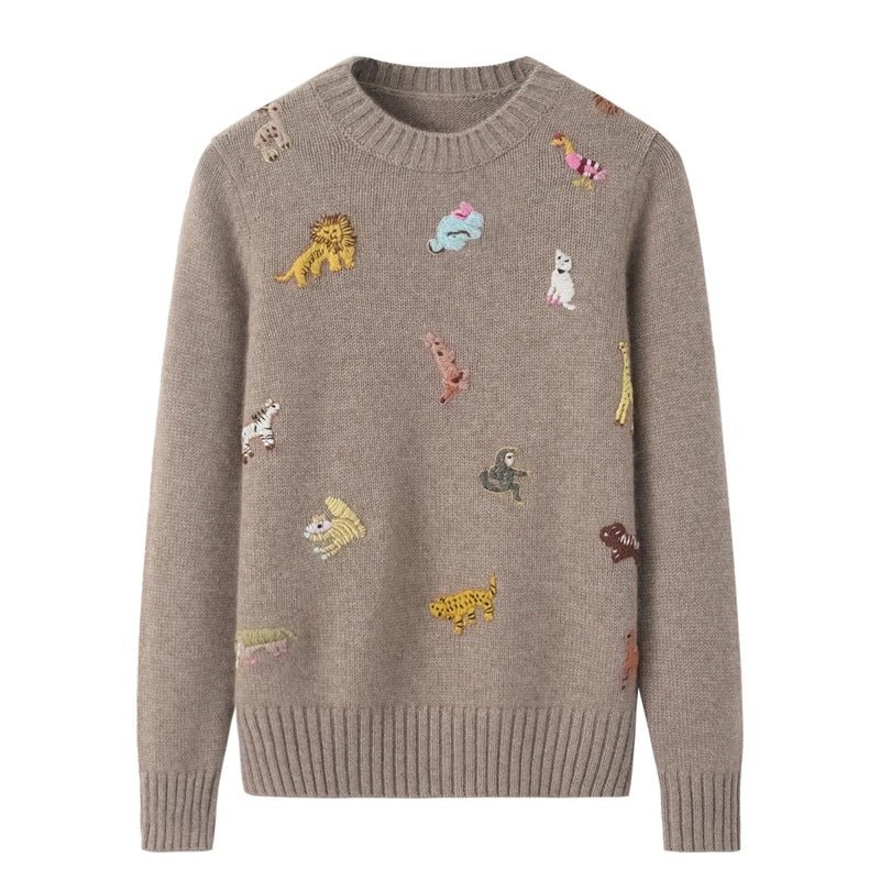 Womens Crew Neck Cashmere Sweater Playful Animal Embroidery Pullover Taupe S