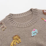 Womens Crew Neck Cashmere Sweater Playful Animal Embroidery Pullover Taupe S