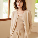 Womens Crew Neck Cashmere Cardigan Button Closure Cashmere Coat Beige XS