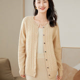 Womens Cable Knit Button - Up Cashmere Cardigan Crew Neck Cashmere Coat Beige XS