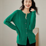 Womens Cable Knit Button - Up Cashmere Cardigan Crew Neck Cashmere Coat Green XS