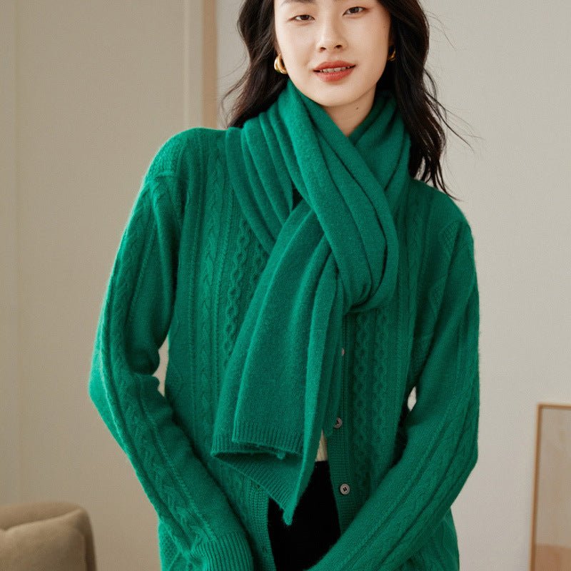 Womens Cable Knit Button - Up Cashmere Cardigan Crew Neck Cashmere Coat Green XS