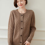 Womens Diamond Cable Knit Button - Up Cashmere Cardigan Crew Neck Coat Taupe XS