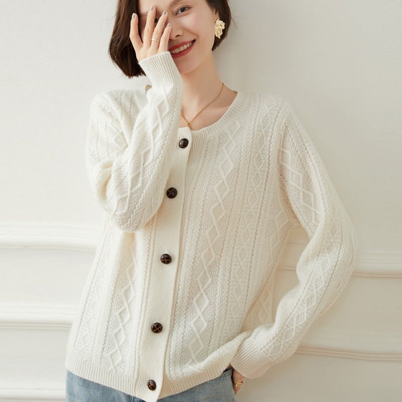 Womens Diamond Cable Knit Button - Up Cashmere Cardigan Crew Neck Coat Ivory XS