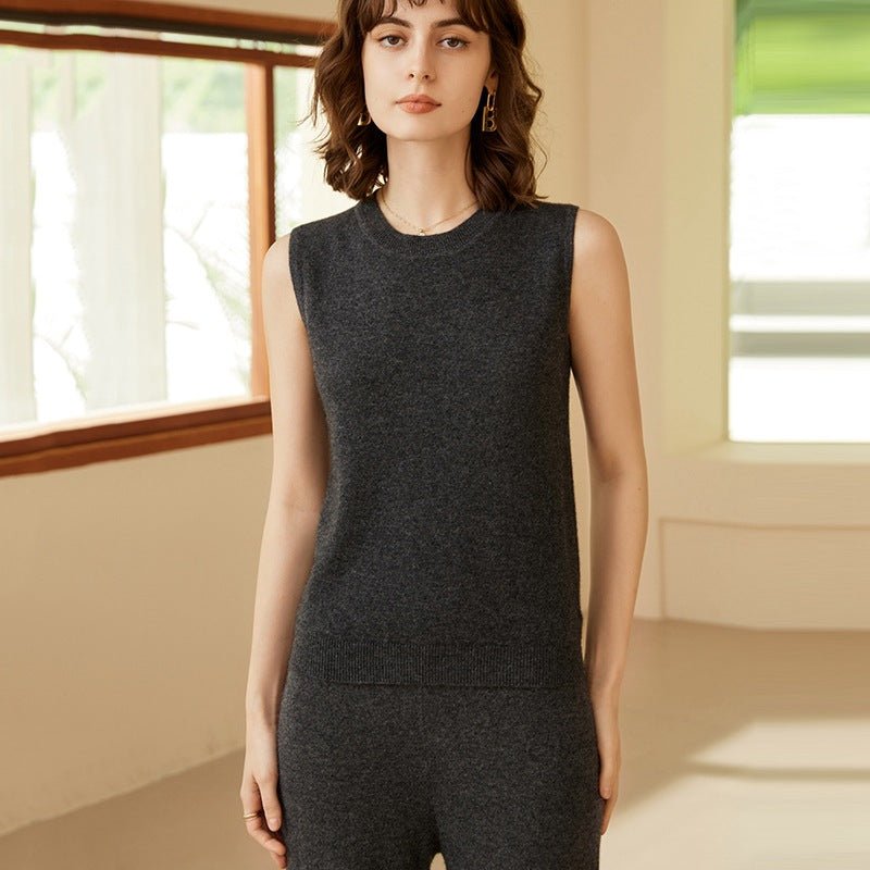 Womens Sleeveless Knit Cashmere Top Crew Neck Cashmere Vest Gray XS