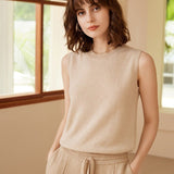 Womens Sleeveless Knit Cashmere Top Crew Neck Cashmere Vest Beige XS