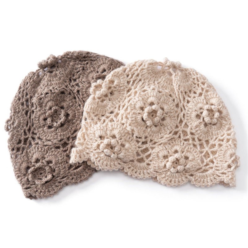 Womens Crochet Cashmere Beanie Textured Knit Cashmere Hat with Scalloped Edge Beige M
