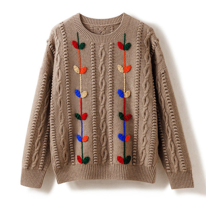 Womens Crochet Cashmere Sweater Cable Knit Crewneck Sweater Taupe XS